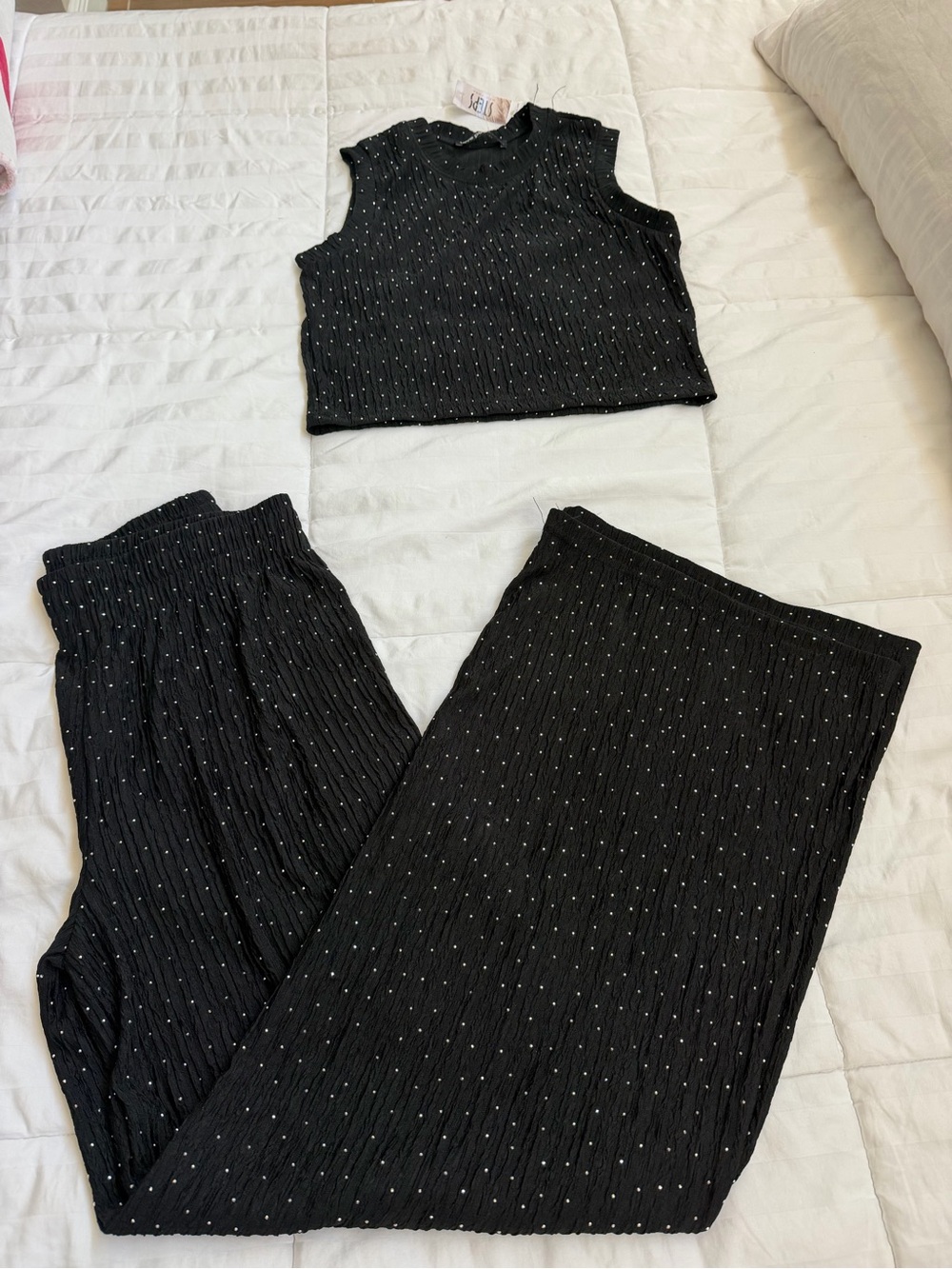 Black Polka-Dot Wide Leg Pants & Crop Top Set